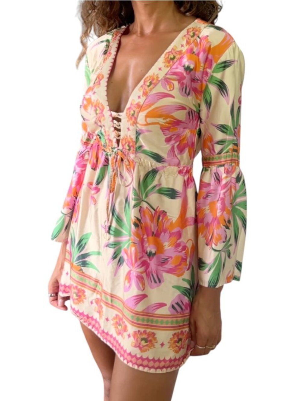Maaji Ivory Floral Print Mini Dress Long Sleeve Viscose Stretch Size S
